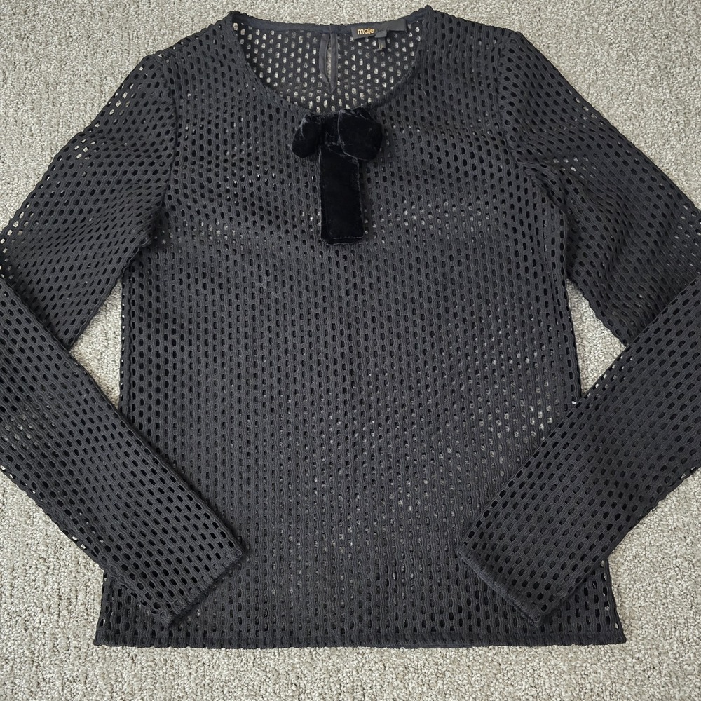 Maje Sheer Mesh Knit Top Velvet Bow Black Long Sleeve Parisian Size 1